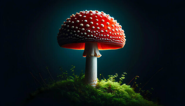 Fly Agaric mushroom (Amanita muscaria), showing its characteristic red cap with white spots, close up, black background 4K wallpaper
