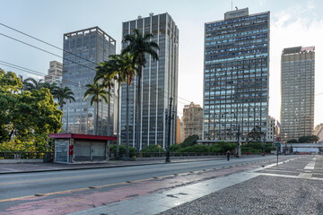 Sunrise over Tea Viaduct(Viaduto do Cha) in downtown with palm trees in the background, Sao Paulo city in Brazil