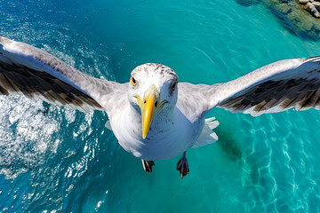 drone-view of funniest seagull - obrazy, fototapety, plakaty