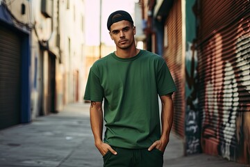 Man in a green T-shirt against the background of the city
