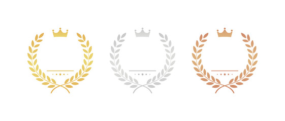 Gold, Silver, Bronze medals set. Vector award with laurel wreath. Round prize icon. Winner rank. Competition trophy ranking