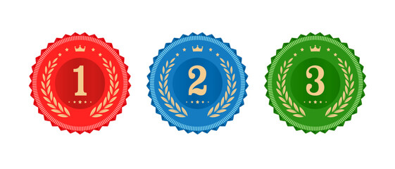 First, second and third medals set. Vector award with laurel wreath. Round prize icon. Winner rank. Competition trophy ranking - obrazy, fototapety, plakaty