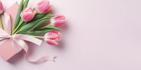 Gift box with a bouquet of pink tulips. Postcard template Happy Mother's Day, International Women's Day, Birthday, Valentine's Day