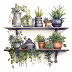 Watercolor a decorative wall shelf with plants and ornaments, white background. AI generat