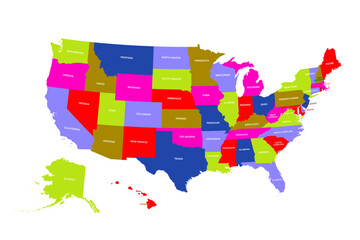 United states colored map with names