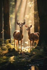 Two deer standing next to each other in a forest