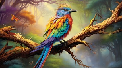 A majestic rainbow-colored bird perches gracefully on a gnarled, dead branch of a tree, its vibrant feathers shimmering in the sunlight - AI Generative