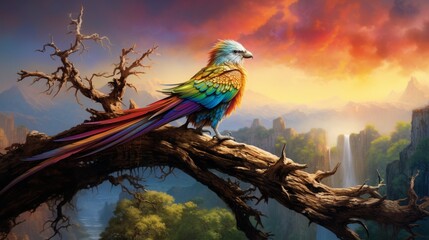 A majestic rainbow-colored bird perches gracefully on a gnarled, dead branch of a tree, its vibrant feathers shimmering in the sunlight - AI Generative