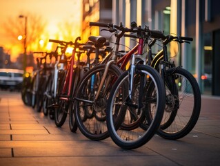 A row of bikes parked on the side of a street. Generative AI.