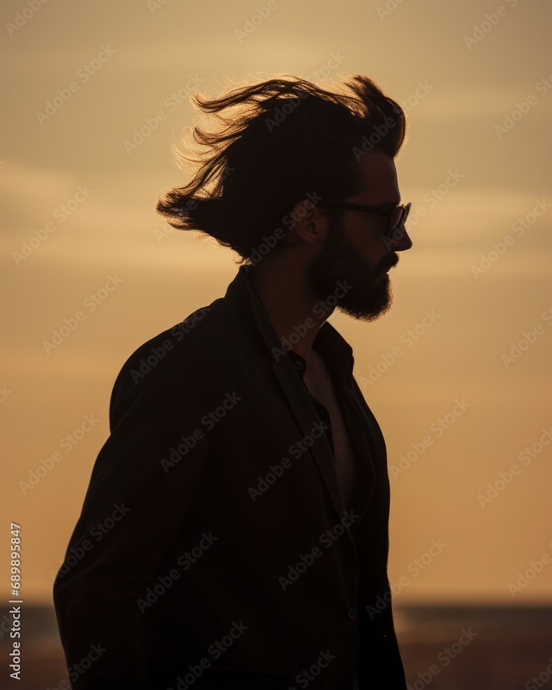 Poster a man with a beard and glasses standing in front of a sunset. generative ai.