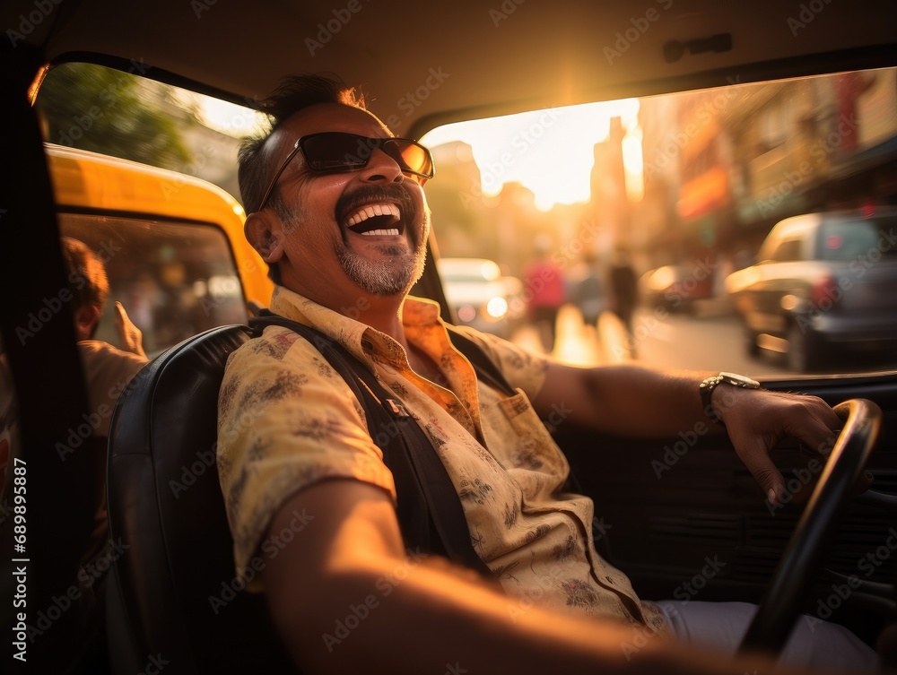 Poster a man is smiling while driving a car. generative ai.