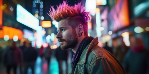 Obraz premium A man with a mohawk on a city street. Generative AI.