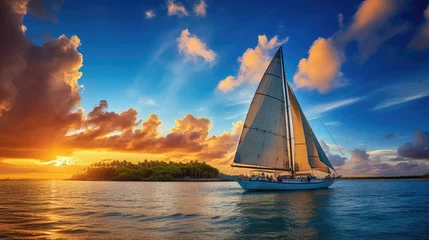 Tuinposter A sailboat in the ocean at sunset. Generative AI. © serg3d