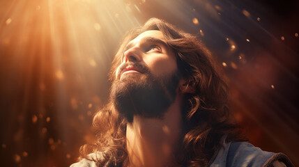 Portrait of Jesus with colorful bokeh, looking up - obrazy, fototapety, plakaty
