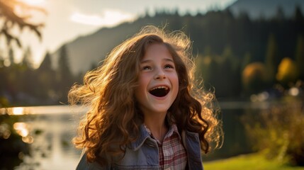 A young girl is laughing in front of a lake. Generative AI.