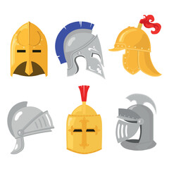 Set of beautiful knight helmets in cartoon style. Vector illustration of silver and gold helmets with red and blue fluff of different shapes and sizes isolated on white background.