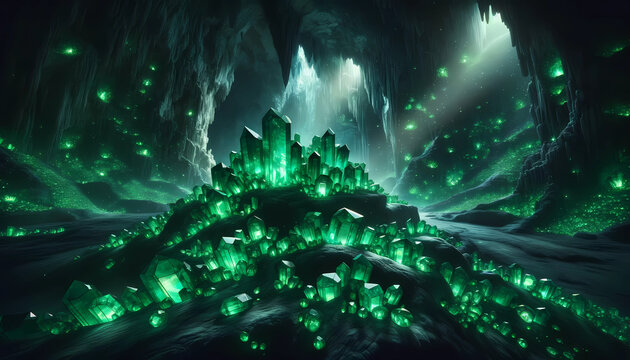 Cavern full of emerald gemstones, magical and enchanting atmosphere, green background, magical wallpaper