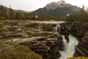 Athabasca falls in Canada on a cloudy day