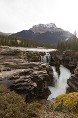 Athabasca falls in Alberta on a cloudy day