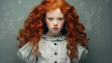 Dramatic portrait of a young teenage girl with red hair full of volume. She has pale skin and light freckles and is wearing a blue vintage top.
