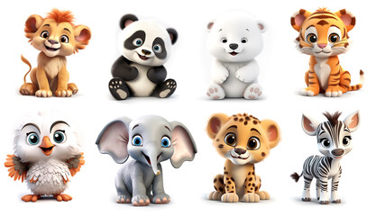 Obraz premium Adorable 3D Baby Zoo: Eight Cute Baby Animal Characters - Lion, Panda, Polar Bear, Tiger, Bird, Elephant, Leopard, and Zebra