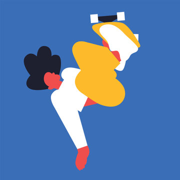 Happy people riding snowboard and skis by snow slopes. Sportsmen having fun on ski resort. Cartoon flat vector illustration. Winter time. Season Holidays. Travel activity entertainment.	
