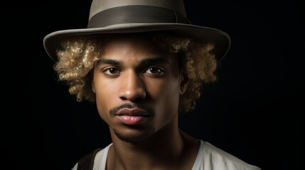 Photorealistic Adult Black Man with Blond Curly Hair Vintage Illustration. Portrait of a person wearing hat, retro 20s movie style. Retro fashion. Ai Generated Horizontal Illustration.