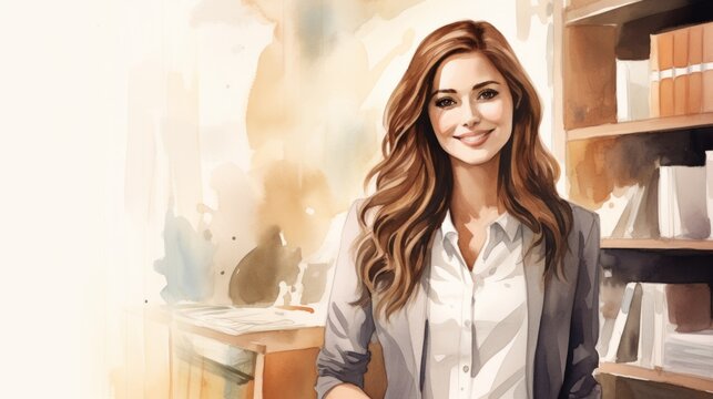 Smiling Teen White Woman with Brown Straight Hair Watercolor Illustration. Portrait of a Business person on minimalistic office background. Watercolor Drawing. Ai Generated Horizontal Illustration.