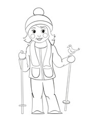 Coloring page. Coloring picture of cartoon skier, girl ski. Childish design for kids activity colouring book about winter sport.