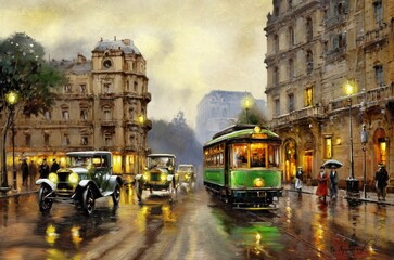 Oil paintings landscape, old cars and old tram, street in the city, view of the town country. Artwork, fine art - 689899248