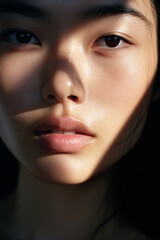 Extreme close up of asian woman with striking eyes and pouty lips.Face of beautiful caucasian woman. interplay of light and shadow. Dramatic composition. High quality photo