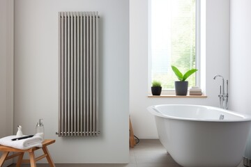 Bright bathroom with vertical radiator and green plants - obrazy, fototapety, plakaty