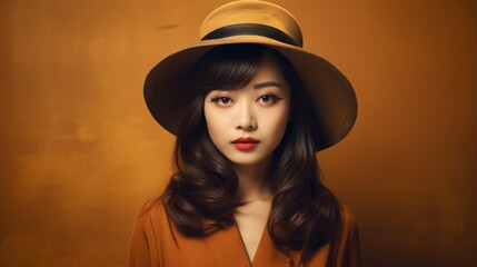 Photorealistic Adult Chinese Woman with Brown Straight Hair Vintage Illustration. Portrait of a person wearing hat, retro 20s movie style. Retro fashion. Ai Generated Horizontal Illustration.