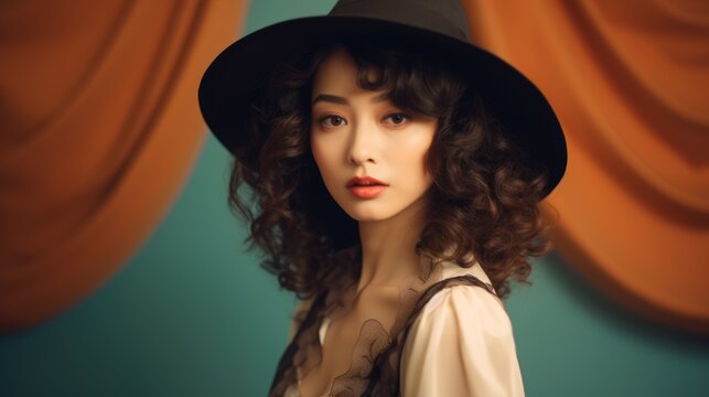 Photorealistic Adult Chinese Woman with Brown Curly Hair Vintage Illustration. Portrait of a person wearing hat, retro 20s movie style. Retro fashion. Ai Generated Horizontal Illustration.