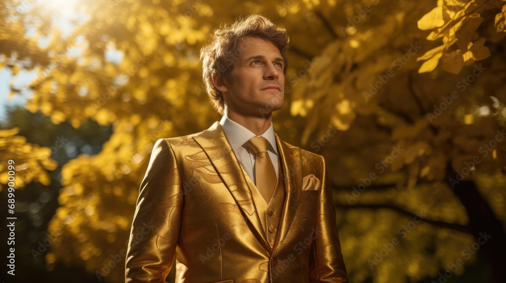 Aufkleber a man in a gold suit standing in front of a tree. generative ai.