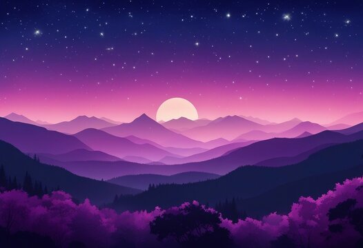 Blue and purple landscape with silhouettes of mountains hills and forest and stars in the sky