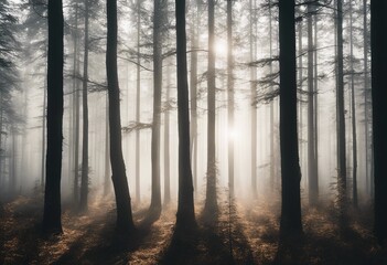 Silhouettes of trees in the forest on white background