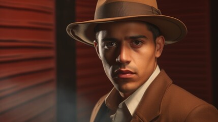 Photorealistic Adult Latino Man with Brown Straight Hair Vintage Illustration. Portrait of a person wearing hat, retro 20s movie style. Retro fashion. Ai Generated Horizontal Illustration.