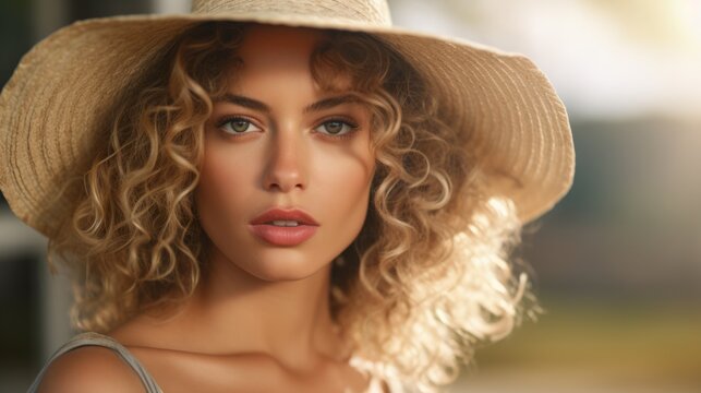Photorealistic Adult Latino Woman with Blond Curly Hair Vintage Illustration. Portrait of a person wearing hat, retro 20s movie style. Retro fashion. Ai Generated Horizontal Illustration.