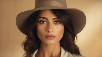 Photorealistic Adult Latino Woman with Brown Straight Hair Vintage Illustration. Portrait of a person wearing hat, retro 20s movie style. Retro fashion. Ai Generated Horizontal Illustration.