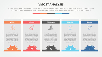 vmost analysis template infographic concept for slide presentation with box table half circle badge header with 5 point list with flat style