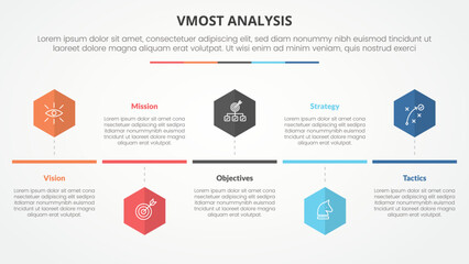 vmost analysis template infographic concept for slide presentation with hexagon or hexagonal shape timeline style with 5 point list with flat style
