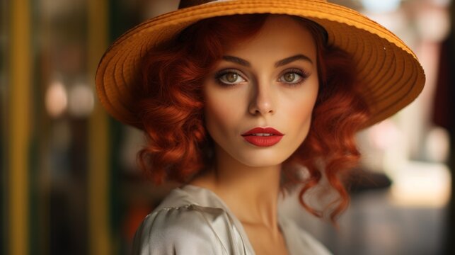 Photorealistic Adult Latino Woman with Red Straight Hair Vintage Illustration. Portrait of a person wearing hat, retro 20s movie style. Retro fashion. Ai Generated Horizontal Illustration.