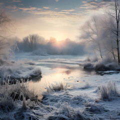 Obraz na płótnie Canvas A serene winter landscape with a frozen pond.