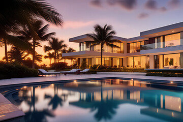 Luxury mansion house villa florida usa miami building with garden and pool. Traveling concepts - obrazy, fototapety, plakaty