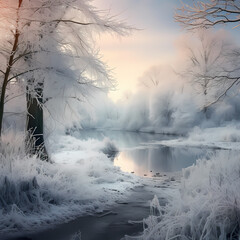 Obraz na płótnie Canvas A serene winter landscape with a frozen pond.