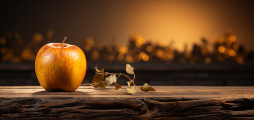 Elegant display of one apple on a wooden cutting board, black and yellow soft lighting for mood