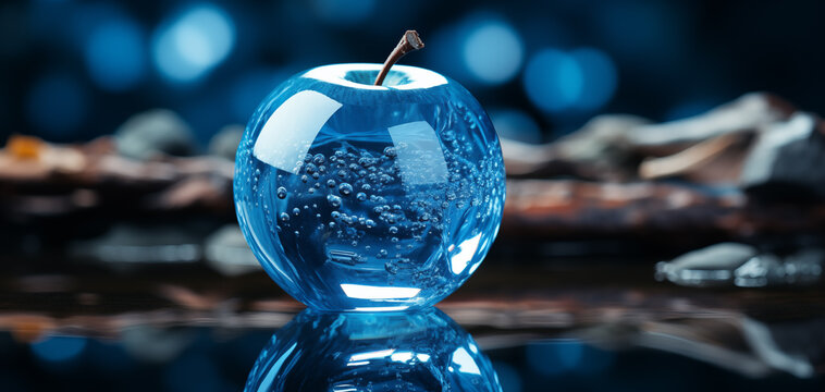 The apple beneath crystal clear blue water, commercial photography, emphasizing rich colors and underwater details.