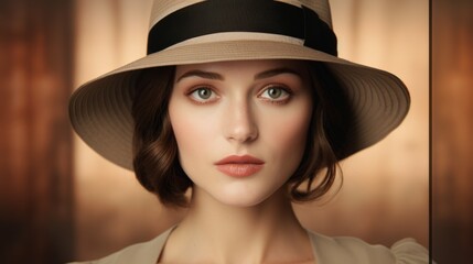 Photorealistic Adult White Woman with Brown Straight Hair Vintage Illustration. Portrait of a person wearing hat, retro 20s movie style. Retro fashion. Ai Generated Horizontal Illustration.