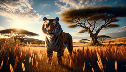 Savanna Monarch: Tiger Amidst African Serenity